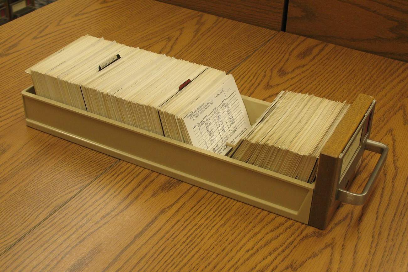 Drawer of an old card catalog